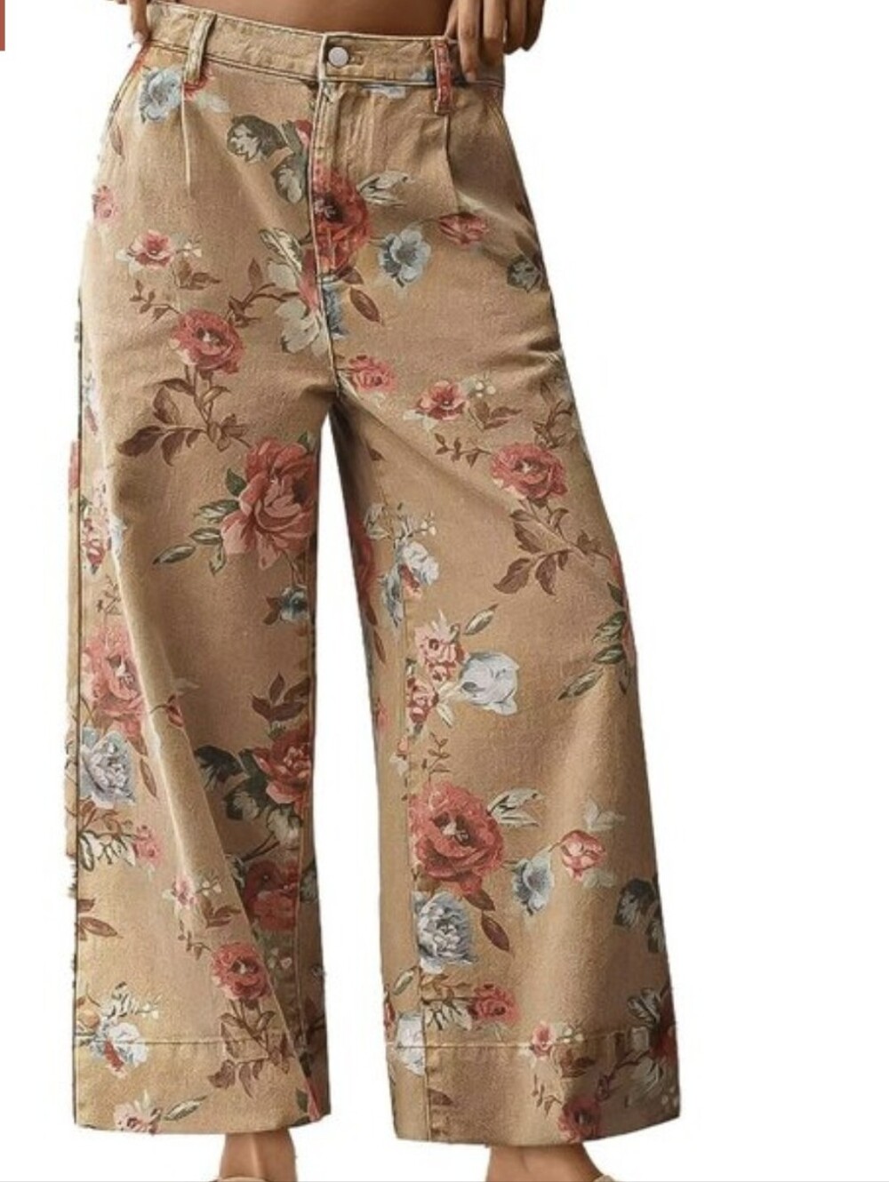 Flamingals Floral Print Wide Leg Cropped Pants Jeans Size LG